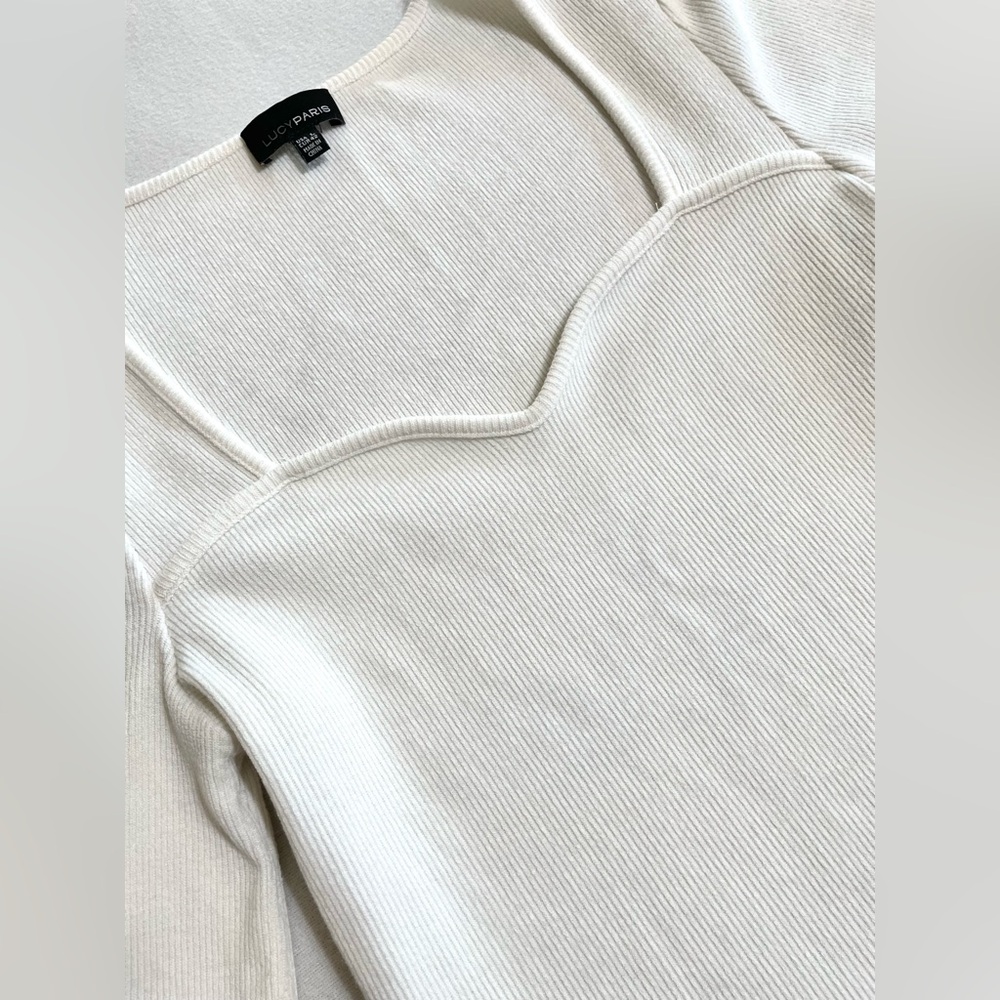 Lucy Paris White Ribbed Knit Sweetheart Puff Sleeve Sweater Top Fitted Size L - Picture 8 of 14